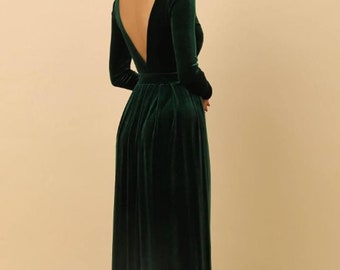 Velvet Bridesmaid Dress Long Sleeve Formal Dress, Dark Green Velvet Dress, Pre Made Ready to ship Size 16