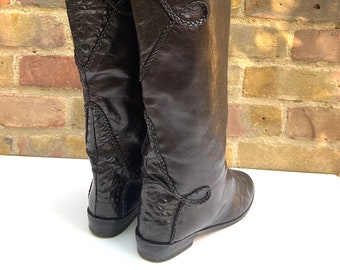 1980's Soft Black Leather Riding Boots/1980‘s Boots with Braided Rope Design/80‘s Vintage Cara (London) Black Leather Boots
