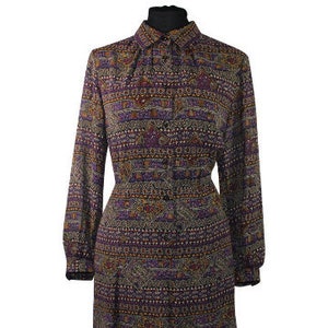 1980&#39;s Purple Unique Print Zip-Up Dress- 1970&#39;s Style Dress