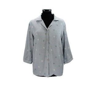 1970&#39;s Grey Leaf Gild Top/ 1970&#39;s Grey Short Sleeve Blouse/1970&#39;s Blouse