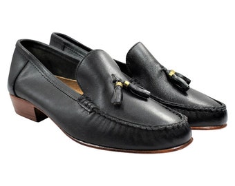 1970's  Black Tassel Leather Loafers/The Polly Perkins Collection Loafers in Black