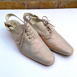 1990’s Cream Canvas and Leather Lace-up Slingback’s/1990’s Cream Slingback Shoes/Vintage Italian Leather Dead-stock Creazioni Slingback Shoe