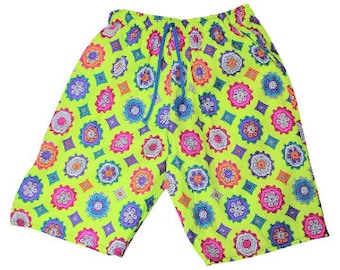 1990&#39;s Neon Yellow Funky Print Summer Drawstring Shorts/Saved By The Bell Style Shorts/Fresh Prince of Bell Air Shorts/Dead-stock Shorts