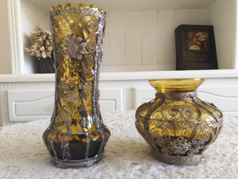 Gorgeous Antique Glass Vases In Metal Fitting Silver Plated Etsy