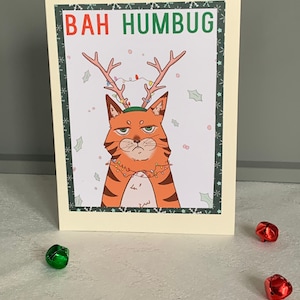 Humbug Christmas cards, seasonal cards, greetings cards, with envelope, handmade, crafted cards, cat, cards, misery cat, Bah Humbug