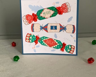 Cracker Christmas card, Xmas greetings cards, seasonal card, Christmas cracker, handmade, handcrafted, ribbons,illustrated card, blue card,