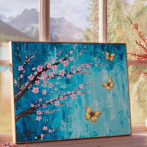 Butterfly Print l large wall decor l boho wall print l cherry blossom painting l cherry blossom print l blue home decor