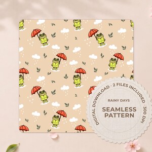 May include: A seamless pattern featuring green frogs wearing yellow raincoats and holding red umbrellas, interspersed with white clouds, raindrops, and small green leaves on a light tan background. A circular label reads: DIGITAL DOWNLOAD 2 FILES INCLUDED RAINY DAYS SEAMLESS PATTERN 300 DPI.
