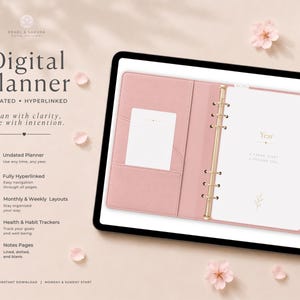 Agenda digital sin fecha, diario semanal y mensual minimalista con hipervínculos para iPad, cuaderno rosa pastel en formato PDF.