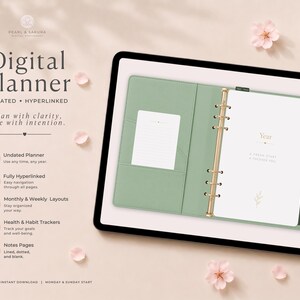 Undated Digital Planner, Minimalist Hyperlinked Weekly Monthly iPad Journal, Matcha Green Cover Notebook PDF