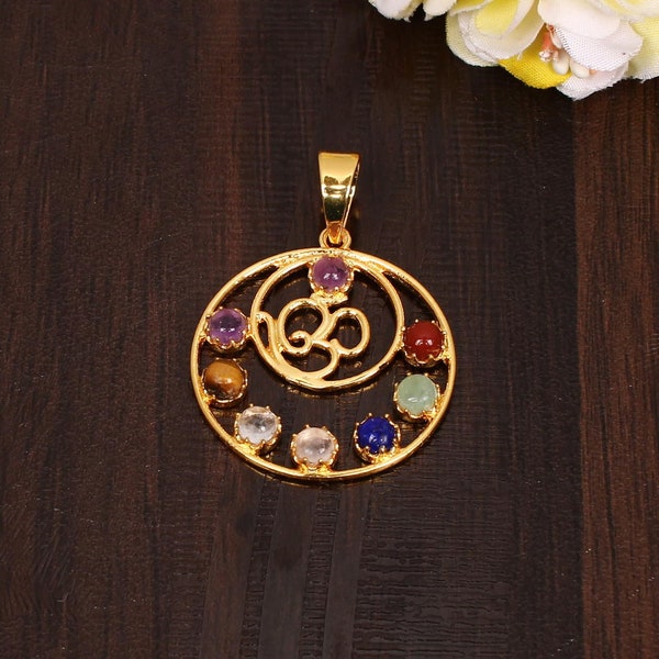 Om Round Pendant, Hindu Religious Gemstone Pendant, Pendant Jewelry, Lapis Lazuli, Hindu Symbol Pendant for Necklace, Brass Gold Plated
