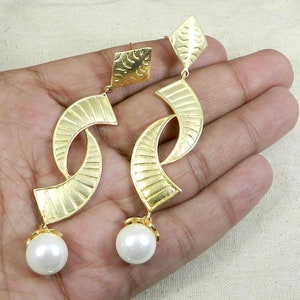 Women Designer Earrings, Pearl Earrings, Brass Earrings, Gold Plated Earrings, Long Earrings, Brass Earrings, Long Dangle Earrings