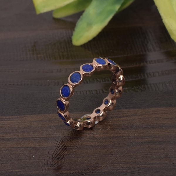 Natural Lapis Lazuli Gemstone Eternity Band Ring- Gold Plated Brass Ring- Engagement Ring- Infinity Stones Ring- Handmade Unisex Ring