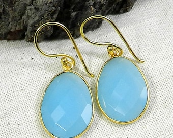 Aqua Chalcedony Earrings, Women Dangle Earrings, Chalcedony Jewelry, Dangle Earrings, Gold Earrings, Gemstone Earrings, Everyday Earrings