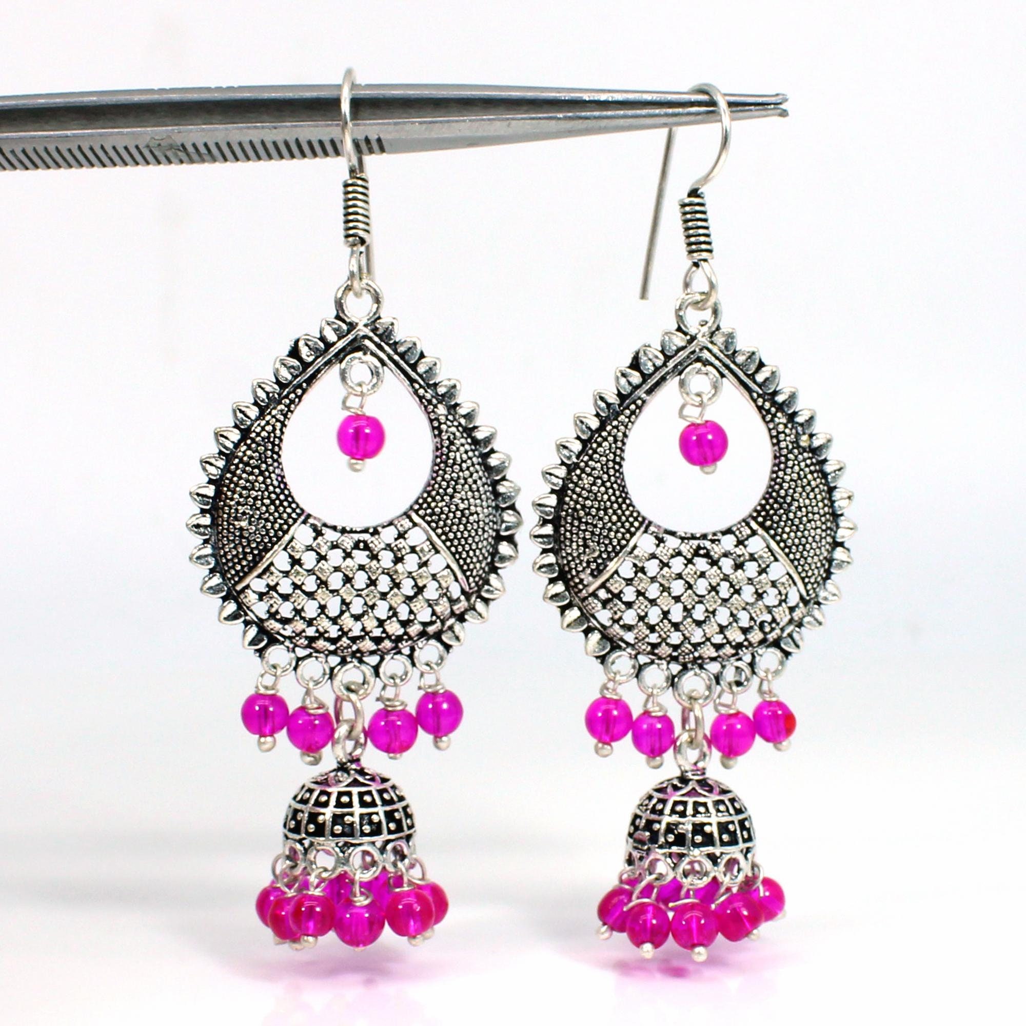 Pink Glass Beads Handmade Jhumka German Silver Oxidised Etsy