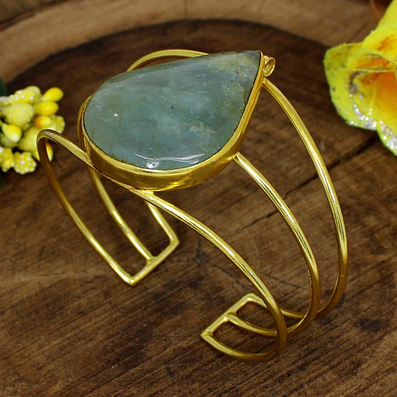 Natural Milky Aquamarine Bangle Pear Gemstone Cuff Adjustable Bangle Bracelet Anniversary Gifts Gold Plated Brass Indian Bangle Jewelry