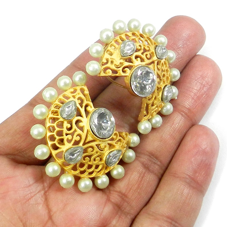 Half Gold Earrings Gift for Her Handmade Earrings Kundan Earrings Women/'s Earrings Gold Earring Pearl Beads Earrings Brass Earrings