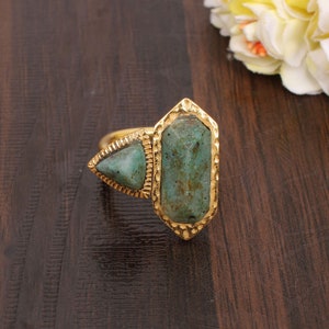 Natural African Turquoise Gemstone Ring, Brass Ring, Gold Plated Ring, December Birthstone, Anniversary Jewelry, Gift For Her