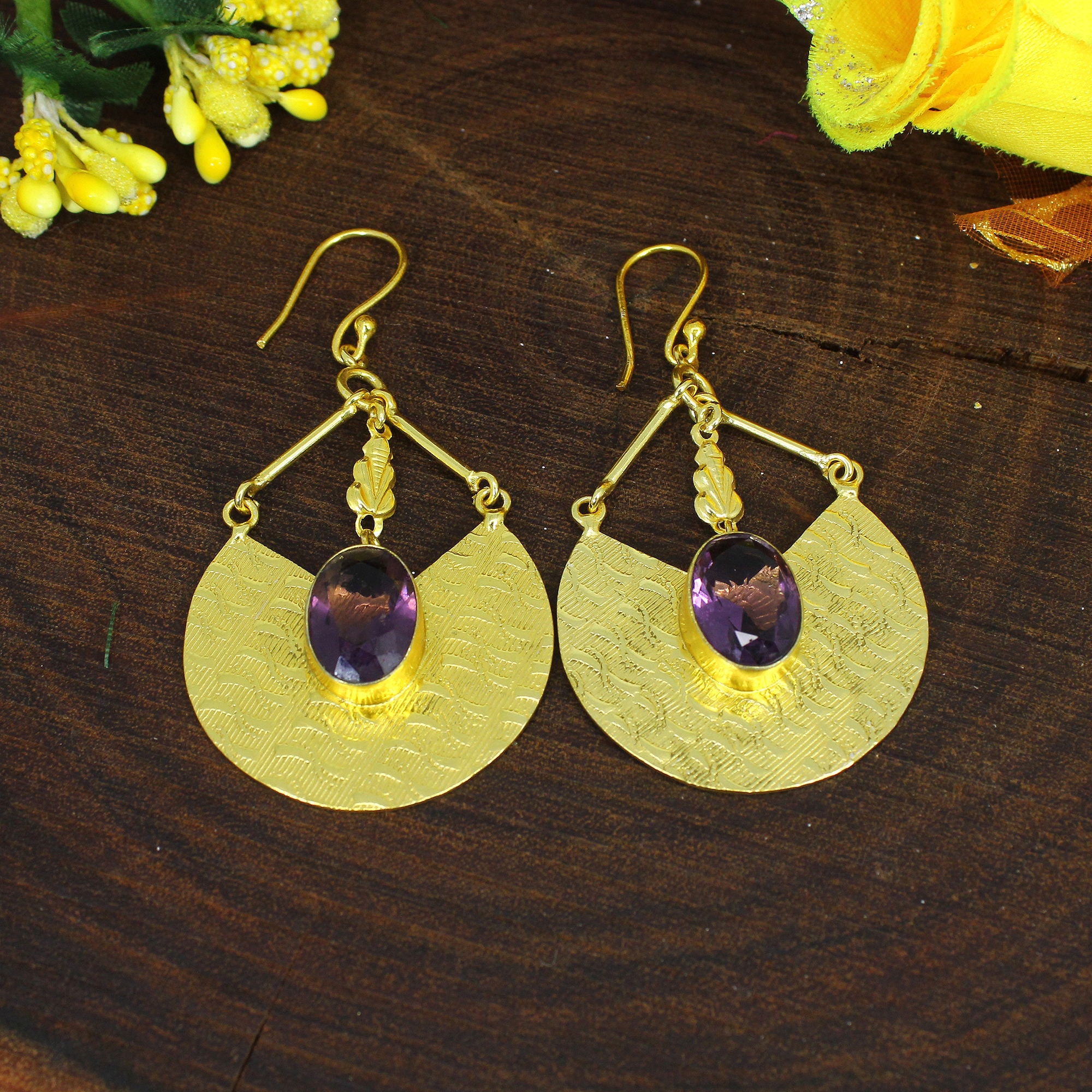 Purple Amethyst Earrings Gold Plated Earrings Gemstone | Etsy