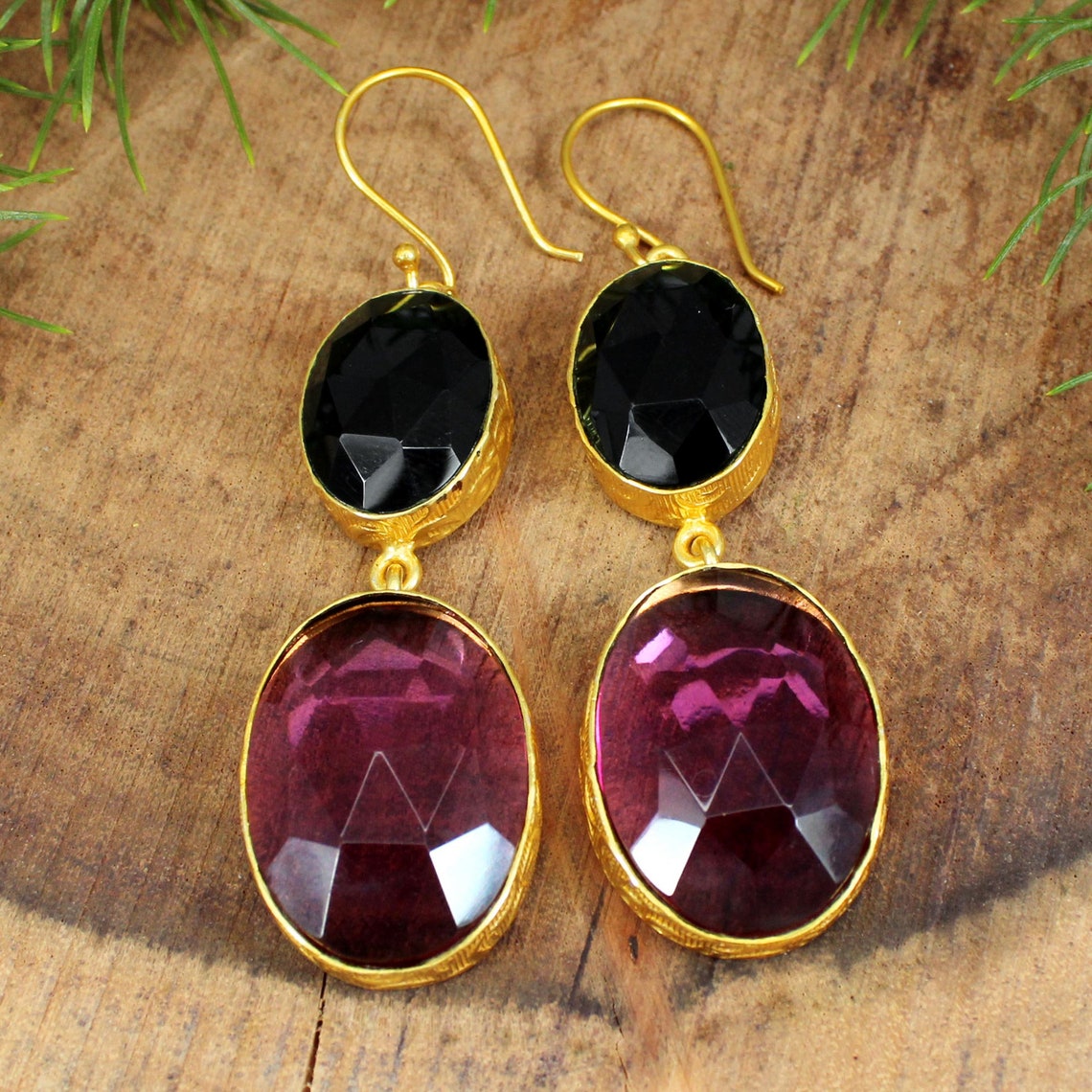 Pink Tourmaline Earrings Black Onyx Gemstone Bezel Setting | Etsy