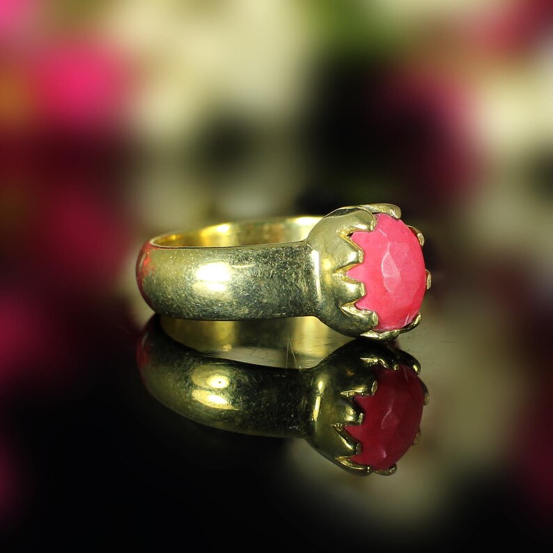 Birthday Gifts Bohemian Ring Promise Ring Gemstone Ring Synthetic Red Coral Ring Gold Plated Brass Unique Ring Victorian Ring