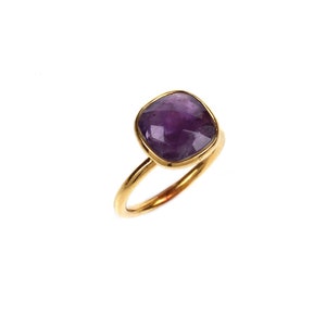 Natural Cushion Shape Amethyst Ring, February Birthstone, Gemstone Ring, Handmade Jewelry, Brass Gold Plated, Stacking Ring,Anniversary Ring