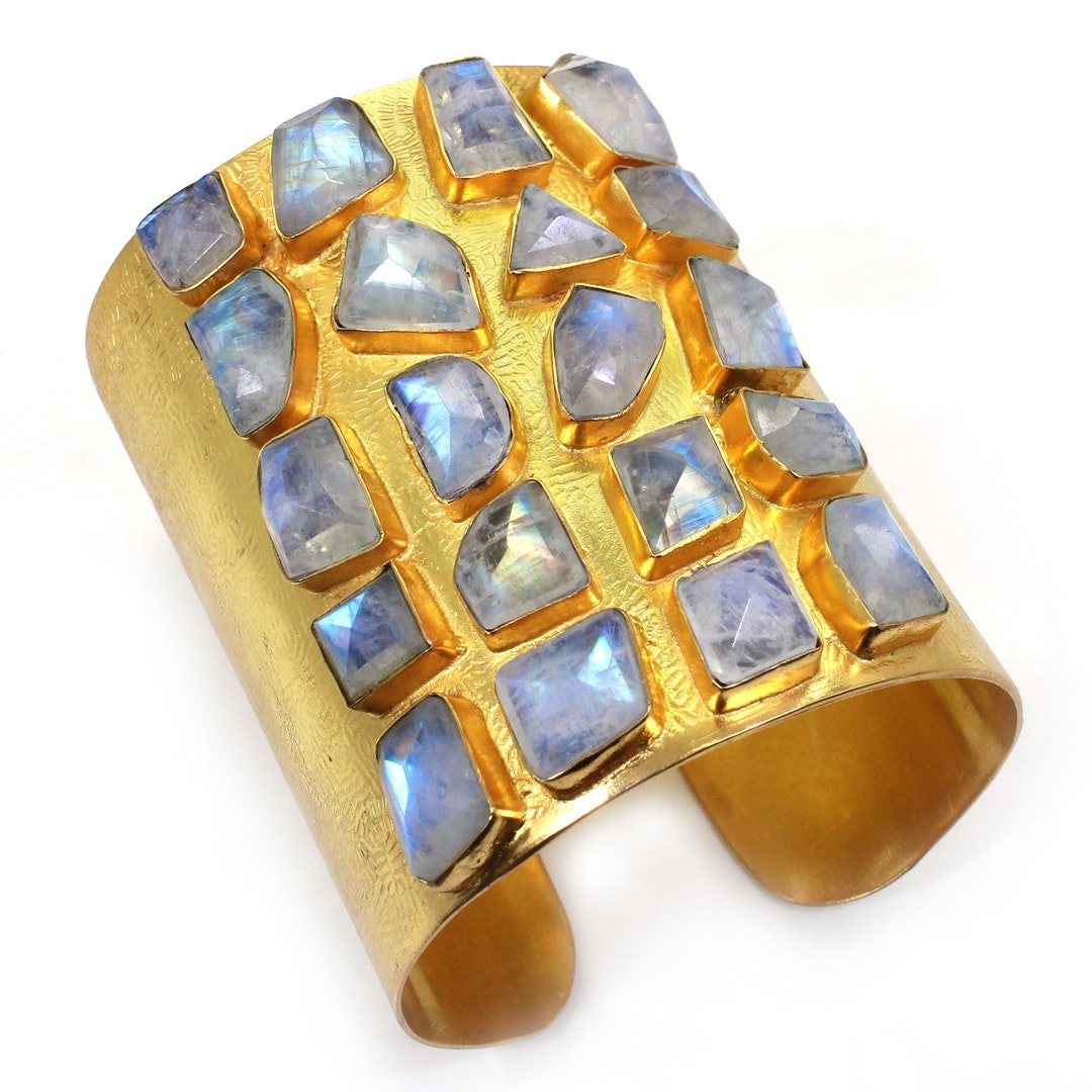 Blue Fire Rainbow Moonstone Bangle - Gold Plated Brass Bangle - Big ...