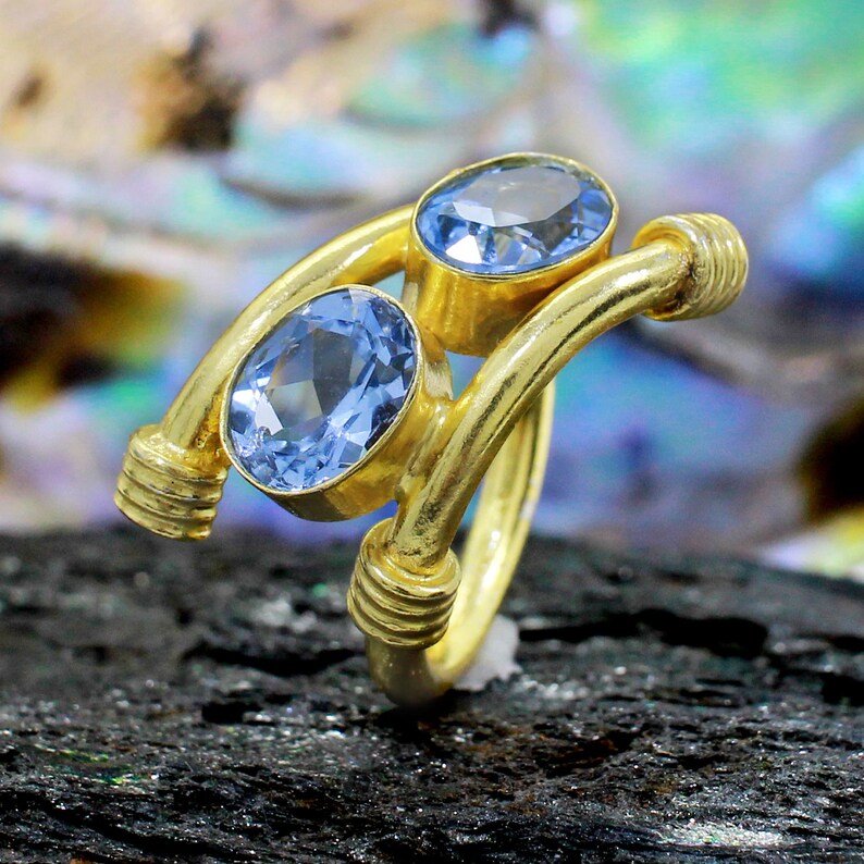 Handmade Gold Plated Brass Ring Double Stone Ring For Women Blue Stone Rings Blue Topaz Designer Gemstone Ring