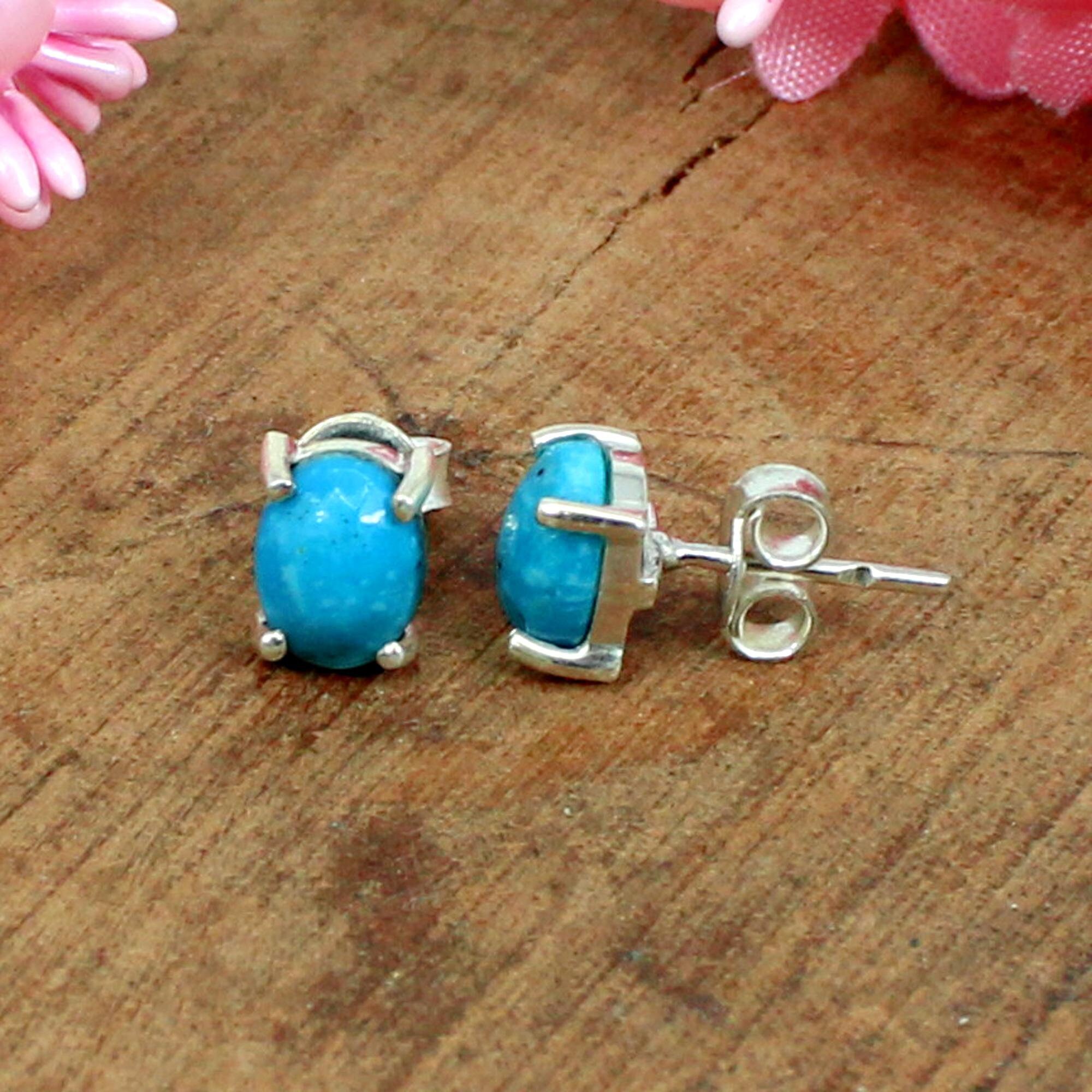 Natural Blue Turquoise Studs Earrings 925 Sterling Silver Etsy