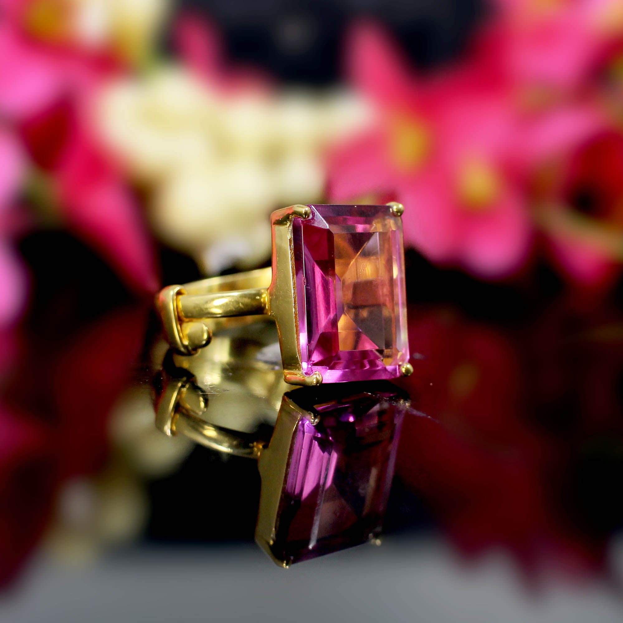 Adjustable Moon Shape Ring - Pink Tourmaline Gemstone, Gold Plated Brass, Boho Designer Jewelry - View #9
