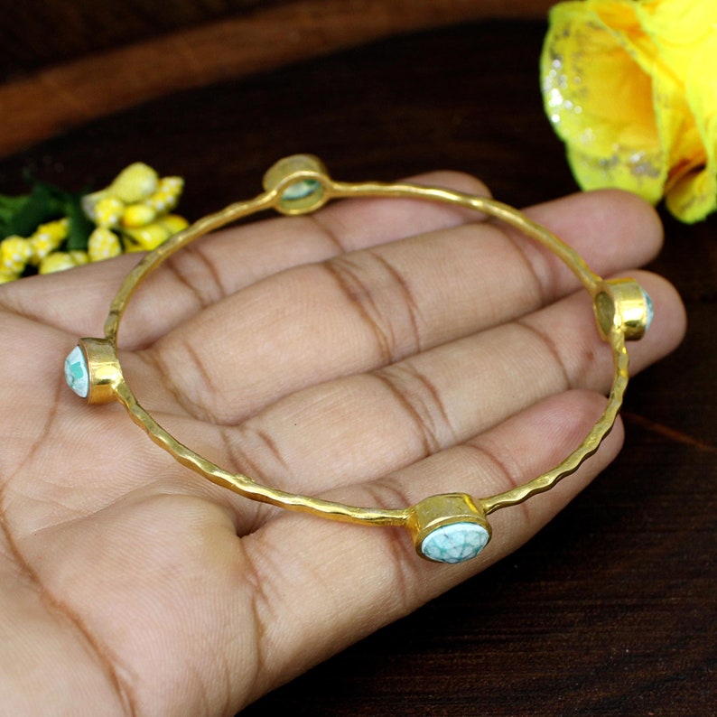 Turquoise Gold Plated Brass Bangle Hammered Bangle Victorian Etsy