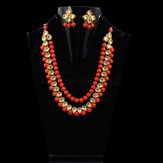 Kundan Necklace Earrings Set Synthetic 