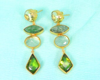 Lemon Hydro, Aqua Crackle Glass & Peridot Hydro Gemstone Gold Plated Brass Earrings- Dangling Earrings for Women- Fashion Earrings