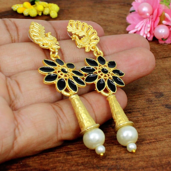 Gold Plated Earrings Floral Unique Designer Drop Earrings Pearl