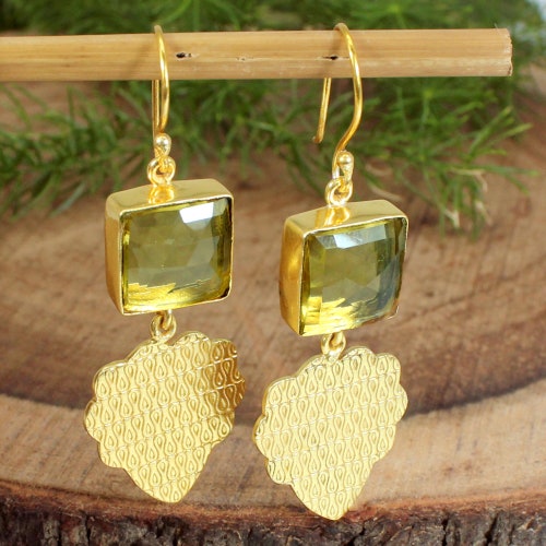 Citrine Earrings, Women Gemstone Earrings, Textured Earrings, Square Earrings, shops Brass Gold Plated Earrings, Women Fashion Earrings