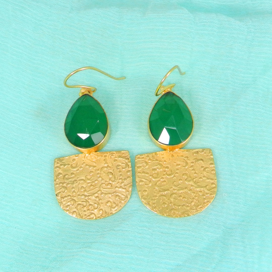 Green Onyx Textured Bridal Earrings Etsy UK