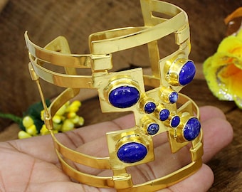 Lapis Lazuli Gemstone Bracelets- Gold Plated Brass- Handmade Bangle- Large Wrist Cuff Bracelet- Adjustable Bangle- Bridesmaid Gift- Vintage