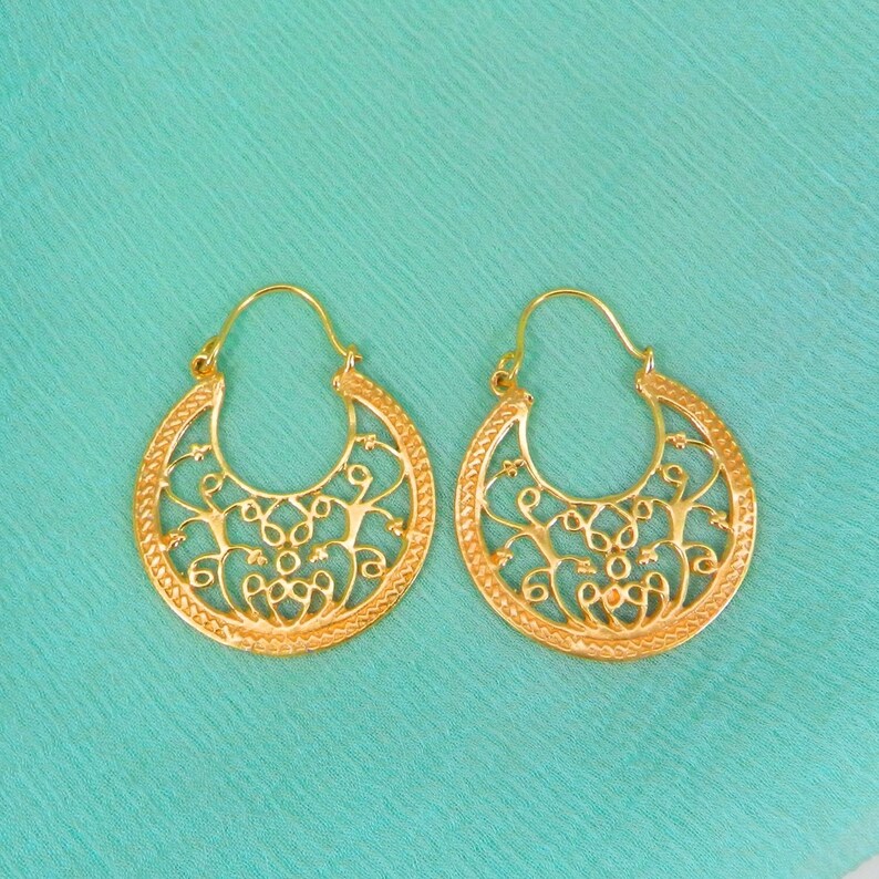 Gold Hoop Earrings Jewelry Women Brass Jewelry Filigree Etsy