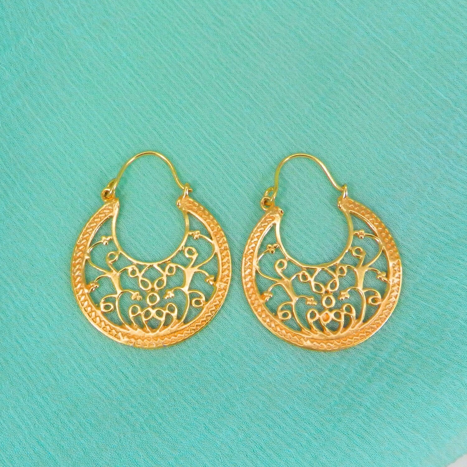 Gold Hoop Earrings Jewelry Women Brass Jewelry Filigree Etsy