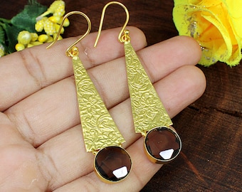 Women Dangle Earrings, Smoky Earrings, Gemstone Earrings, Earrings, Boho Earrings, Handmade Earrings, Textured Jewelry, Modern Earrings