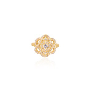 Gold Plated Sterling Silver CZ Flower Ring: Vintage Inspired Engagement Ring