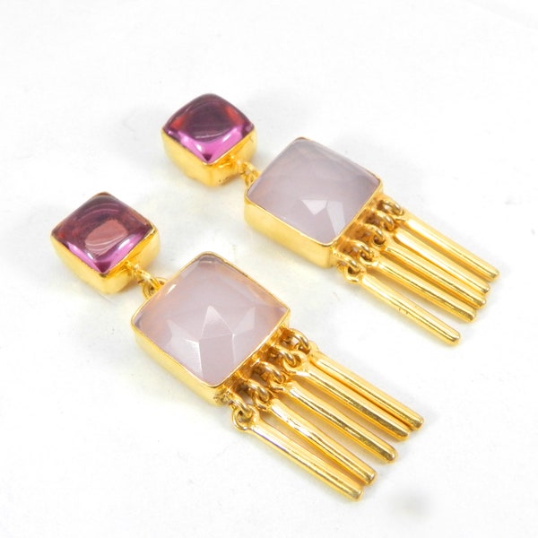 Pink Tourmaline Gemstone Earrings- Rose Quartz Gold Earrings- Handmade Boho Earrings- Hanging Earrings- Birthday Gifts- Statement Earrings