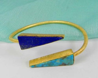 USA Natural Turquoise & Lapis Lazuli- Triangle Gemstone Gold Plated Brass in Matte Adjustable Bangle Bracelet- Personalised Gifts