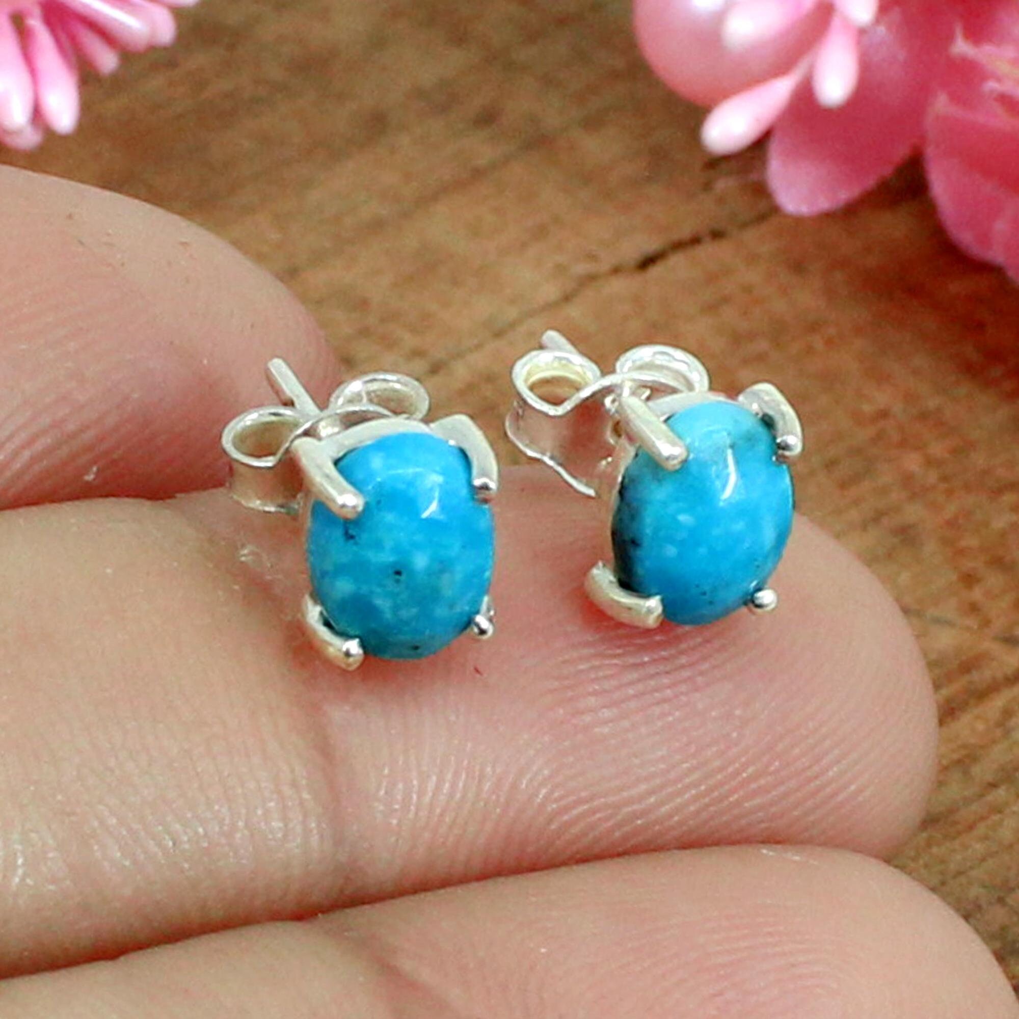 Natural Blue Turquoise Studs Earrings 925 Sterling Silver Etsy