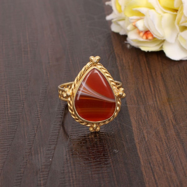 Natural Red Sardonyx Gemstone Ring, Gold Plated Ring, Brass Ring, August Birthstone Ring, Pear Shape Ring, Wedding Ring, Gift For Her