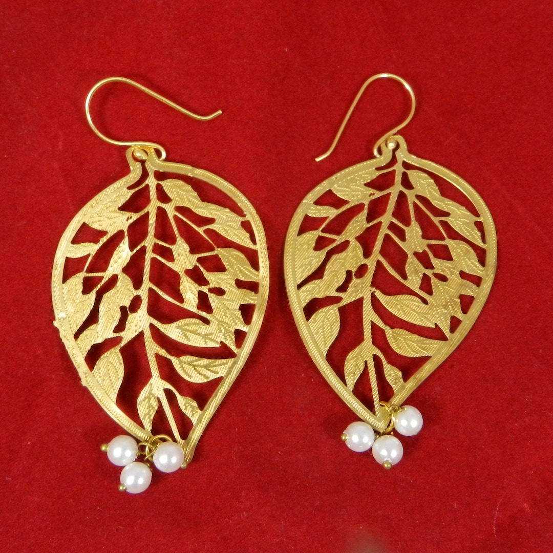 Gold Leaf Earrings Handmade Pearl Earrings Hanging Earrings Bridal Earrings Filigrees Earrings