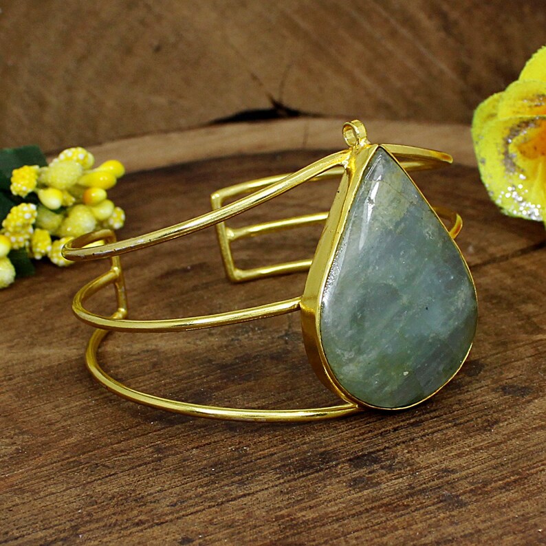 Natural Milky Aquamarine Bangle Pear Gemstone Cuff Adjustable Bangle Bracelet Anniversary Gifts Gold Plated Brass Indian Bangle Jewelry