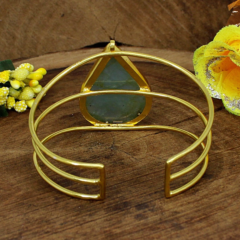 Natural Milky Aquamarine Bangle Pear Gemstone Cuff Adjustable Bangle Bracelet Anniversary Gifts Gold Plated Brass Indian Bangle Jewelry