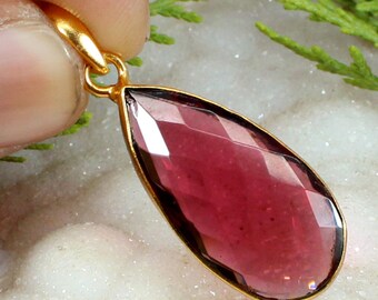 Teardrop Pink Tourmaline Pendant Gemstone- Gold Plated Brass- Bezel Set- Pendant Jewelry Making Necklace for Women & Girls- Bohemian Jewelry