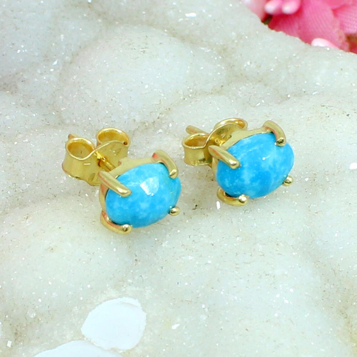 Natural Blue Turquoise Studs Earrings 925 Sterling Silver Etsy
